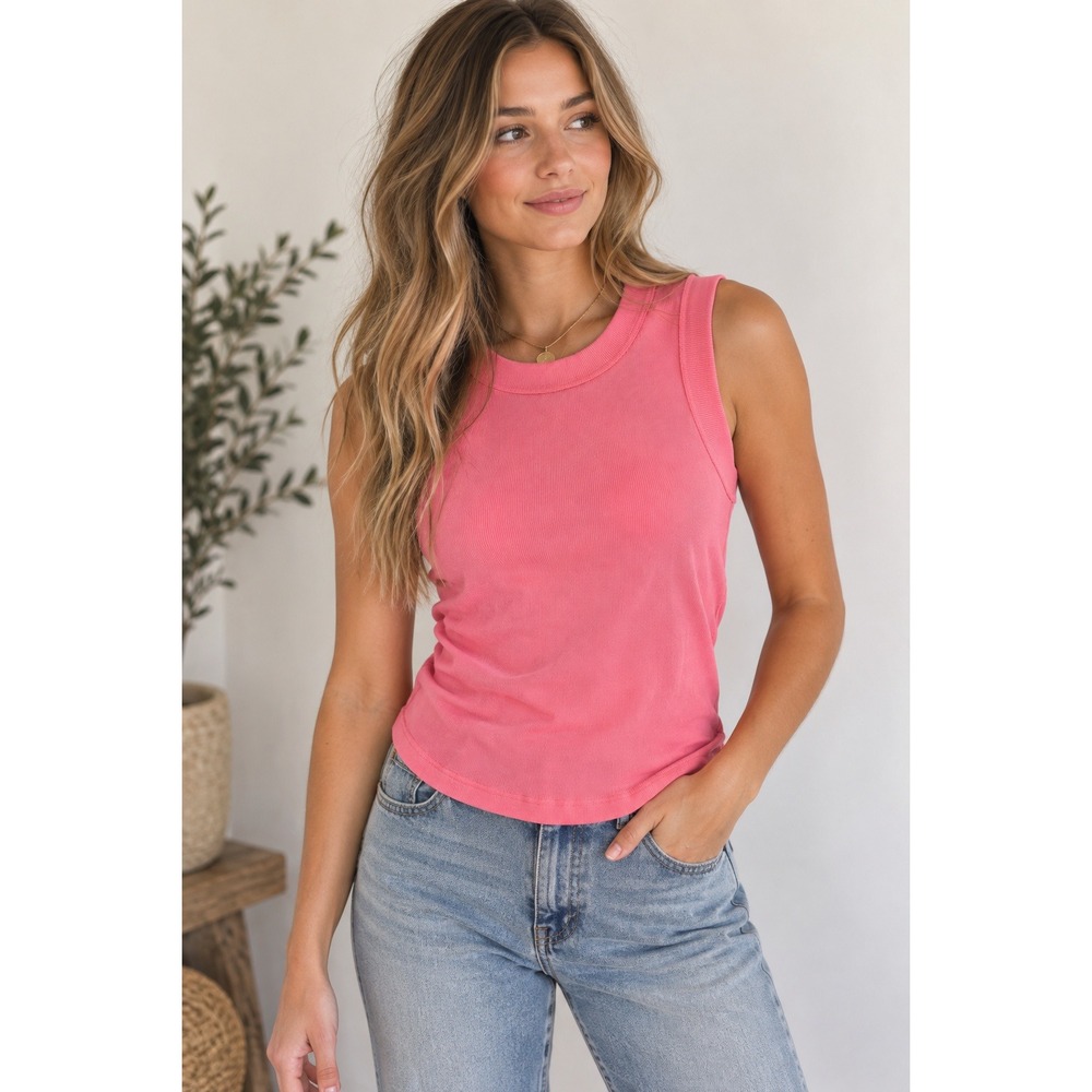 Free People We The Free Neon Dreams Pink Ribbed Muscle Tank Top Sz L NWT